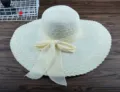 Damen Große Krempe Strohhut Sommer Strand Sonnenschutz Sonnenhut mit Elegante Schleife - M (56-58cm) / Milchweiß
