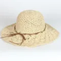 Woven straw sun hat for women summer beach floppy wide brim sunhat with brown leather bow - M (56-58cm) / 259 Beige