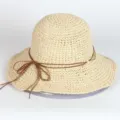 Women beige woven straw sun hat with brown leather bow, wide brim beach vacation cap. - M (56-58cm) / 262 Beige
