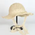 Women beach wide brim straw hat with lace ribbons, perfect for summer sun protection and travel. - M (56-58cm) / 155 Beige