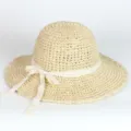 Beige woven straw sun hat with white lace ribbon bow, wide brim bohemian beach hat for women. - M (56-58cm) / 261 Beige