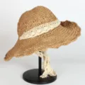 Women wide brim straw beach hat with elegant beige lace ribbon for summer sun protection. - M (56-58cm) / 154 Khaki