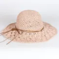 Women straw hat beige crochet sun hat with brown leather bow adjustable beach sunhat - M (56-58cm) / 259 Pink