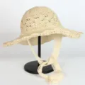 Beige woven sun hat for women, boho style straw hat with delicate lace chin ties. - M (56-58cm) / 154 Beige