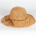 Women's wide-brim braided straw sun hat with brown bow belt, foldable beach travel hat. - M (56-58cm) / 259 Khaki
