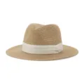 Women wide brim straw sun hat, bohemian beige beach fedora with white ribbon for summer. - M (56-58cm) / Khaki