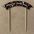 Halloween cake topper with black banner and wooden sticks for spooky party decor. - Cake Toppers (Includes Bamboo Sticks)