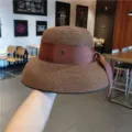 Chapeau de paille rétro style Hepburn français avec ruban marron et logo M, anti-UV. - Taille Unique(54-59cm) / Café