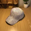 Women rhinestone baseball cap sparkling bling sun hat stylish casual white adjustable cap - Adjustable / White (Full Multi-Colored Rhinestone)