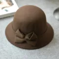 Brown wool felt dome bucket hat detail with elegant bow, autumn winter retro british style. - M (56-58cm) / Round Top Bow / Coffee
