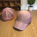 Pink rhinestone baseball cap, sparkling sequin mesh sun hat, casual adjustable fashion snapback. - Adjustable / Pink (Full Multi-Colored Rhinestone Mesh Cap)
