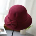 Wine red dome felt bucket hat detail, elegant bow decoration for autumn and winter. - M (56-58cm) / Round Top Bow / Burgundy