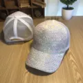 White rhinestone mesh baseball cap, sparkling crystal summer sun hat for women and girls. - Adjustable / White (Full Multi-Colored Rhinestone Mesh Cap)