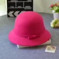 Fuchsia wool cloche hat autumn winter retro bowler hat British style elegant derby hat - M (56-58cm) / Dome Small Brim Bow / Rose Red