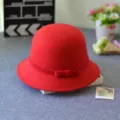 Red wool bucket hat for women winter vintage dome bowler hat with cute bow tie accessory - M (56-58cm) / Dome Small Brim Bow / Red