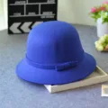 Blue wool felt bucket hat with elegant bow decoration, stylish retro dome winter fashion cloche. - M (56-58cm) / Dome Small Brim Bow / Sapphire Blue