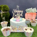 Ostern Kuchen Topper Holz Hase Kaninchen Cupcake Topper Set Party Dekoration neu - 1 Hölzernes Happy Easter + 6 Hölzerne Kleine Hasen Cupcake Dekorationen