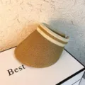 Straw sun visor hat for women, beige striped band, breathable empty top design for summer. - Plain Style (Khaki)