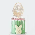 Hölzerner Osterkuchen-Topper mit Ei, Blume und glücklichem Ostertext für Party - Happy Easter Holz 2
