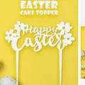 Weißer Acryl Happy Easter Kuchentopper mit Blumen Design für Osterparty Dekoration. - Happy Easter Weiß 1