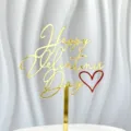 Gold acrylic Happy Valentine's Day cake topper detail close up with red heart decoration - Happy Valentine's Day Red Heart (Width ~10CM)