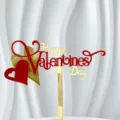Detailed close-up of red and gold acrylic Happy Valentines Day cake topper with heart decor. - Two Tone Heart Happy Valentine's Day (Width ~13CM)