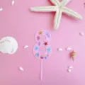 Pink acrylic number 8 cake topper with ocean sea shell starfish design for birthday party decor. - 8 / L