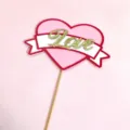 Valentine heart cake topper with glitter love text and wooden stick for party decoration. - Heart with Love Banner Style / Approx. 10cm Width