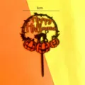 Detailed view of acrylic Halloween cake topper featuring black cat, pumpkins and bats design. - Pumpkin Wild Cat