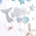 Mermaid birthday cake topper set with glitter shell starfish fish tail for party decor. - Magic Silver Series Set