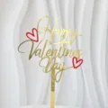 Gold acrylic Happy Valentine's Day cake topper with red hearts for romantic party decoration. - Double Layer Heart Happy Valentine's Day