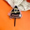 Close-up detail of Halloween acrylic cake topper with spooky ghost spider warning sign decor. - Happy Halloween Mood (Grey Mist)