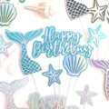 Mermaid cake topper set with shell starfish glitter paper decorations for kids birthday party - Blue Theme Set