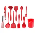 11-teiliges rotes Silikon Küchenhelfer Set mit Behälter, hitzebeständige Kochutensilien. - 11er-Set im chinesischen Stil mit Küchenutensilienhalter
