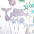 Mermaid birthday cake topper set with shell starfish glitter paper variant design details. - Glitter Rose Red Series Set