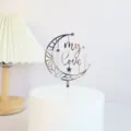 Acrylic moon star cake topper with my love text for Valentine's Day party and celebration decor. - Silver Moon and Stars My Love