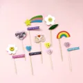 Wooden birthday cake topper detail, cute cartoon designs, flower rainbow heart party decor. - Rainbow Flower Material Kit