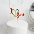 Valentine's Day acrylic cake topper red gold heart I love you design party dessert decor - Double-Layer Minimalist I Love You - Gold Base