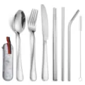 Portable 7-piece stainless steel cutlery set with fork, spoon, knife, chopsticks and straws. - Silver