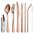 Portable 7-piece rose gold stainless steel cutlery set with fork, spoon, knife, straws and case - Rose Gold