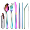Portable rainbow stainless steel cutlery set with case, fork, spoon, knife, and straws. - Colorful