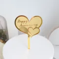 Gold mirror acrylic Happy Anniversary double heart cake topper for romantic celebrations. - Happy Anniversary / Gold