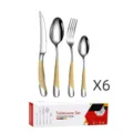 Stainless steel flatware set with golden textured handles and elegant gift box packaging for dining. - 24-Piece Two-Tone Gold Set