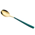 Korean style stainless steel spoon with gold bowl and dark green long handle for dining dessert. - Green and Gold
