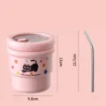 Pink stainless steel water cup 420ml with straw and cute cat pattern for daily use. - 420ml / Pink