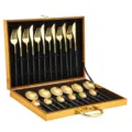 24-Piece Stainless Steel Cutlery Set with Gold Finish and Black Handles in Luxury Gift Storage Box. - 24-Piece Black and Gold Cutlery Gift Box Set
