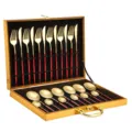 Stainless steel cutlery set 24pcs gold red tableware in wooden gift box detail view - Red & Gold 24-Piece Flatware Sets in Gift Box