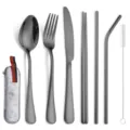 Portable 7-piece stainless steel flatware set with grey storage pouch for travel. - Black