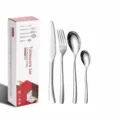 Stainless steel cutlery set detail view showing knife, fork and spoons with smooth handle. - Silver