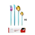 Rainbow stainless steel flatware set detail view showcasing cutlery and package box. - 24 Pieces Set / Colorful